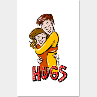 Male and female hugging with Hugs as text Posters and Art